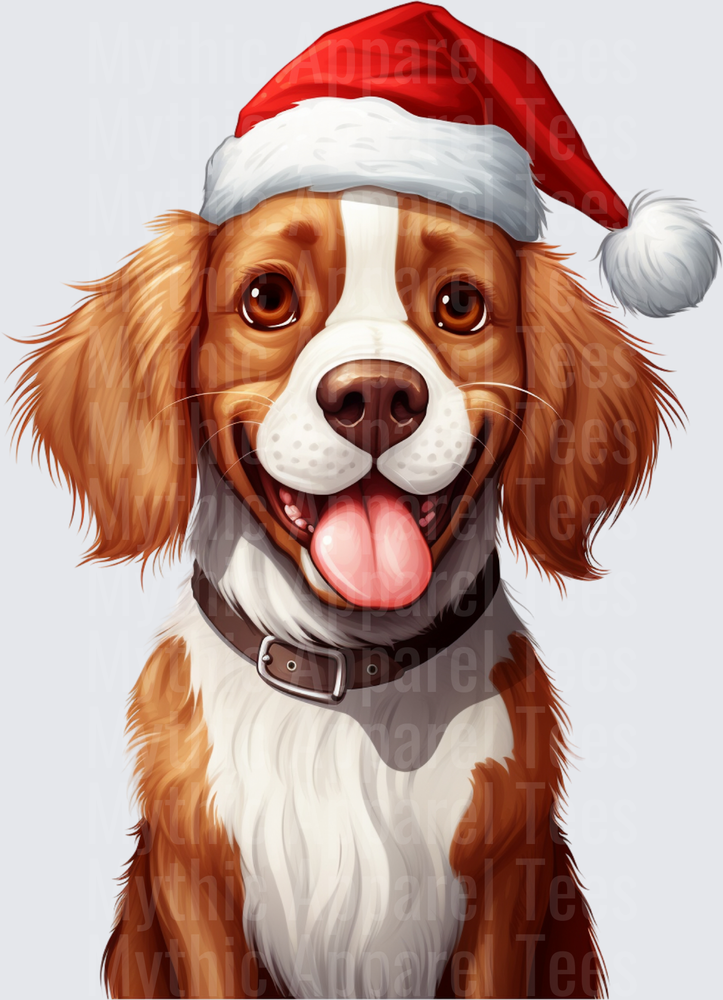 Happy Smiling Brittany Spaniel Wearing Santa Hat Christmas Holiday Dog Portrait