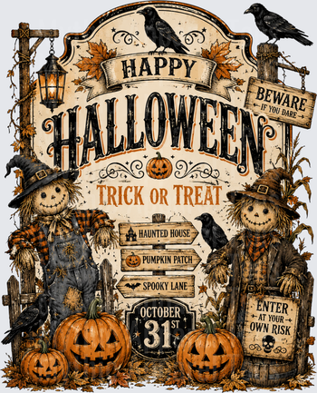 Vintage Happy Halloween Trick or Treat October 31st Scarecrow Duo with Jack-o-Lanterns Crows and Haunted House Directional Signs Rustic Farmhouse Design