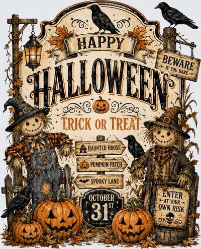 Vintage Happy Halloween Trick or Treat October 31st Scarecrow Duo with Jack-o-Lanterns Crows and Haunted House Directional Signs Rustic Farmhouse Design