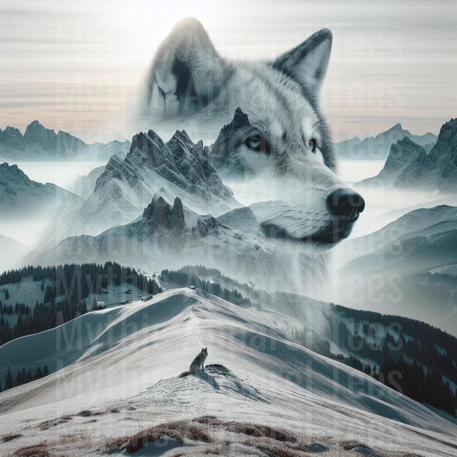 Arctic Wolf Double Exposure Snowy Mountain Wilderness Landscape with Lone Wolf Silhouette