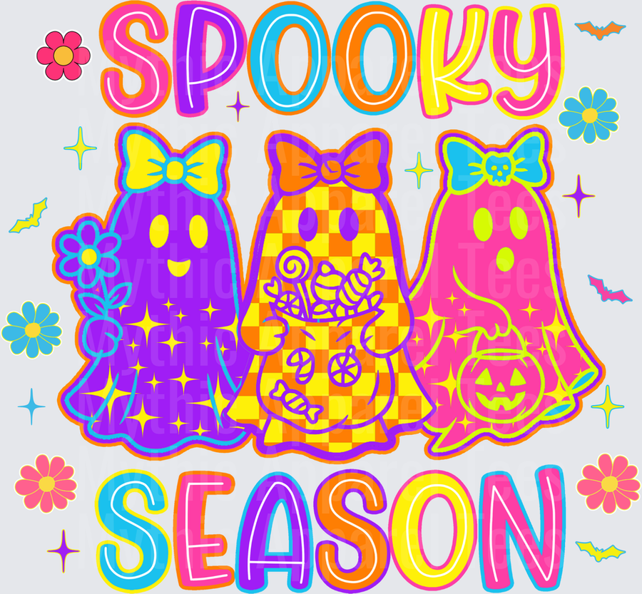 Halloween Spooky Season Retro Groovy Ghost Trio with Bows Candy and Jack-o-Lantern Bright Colorful Floral Bat Design
