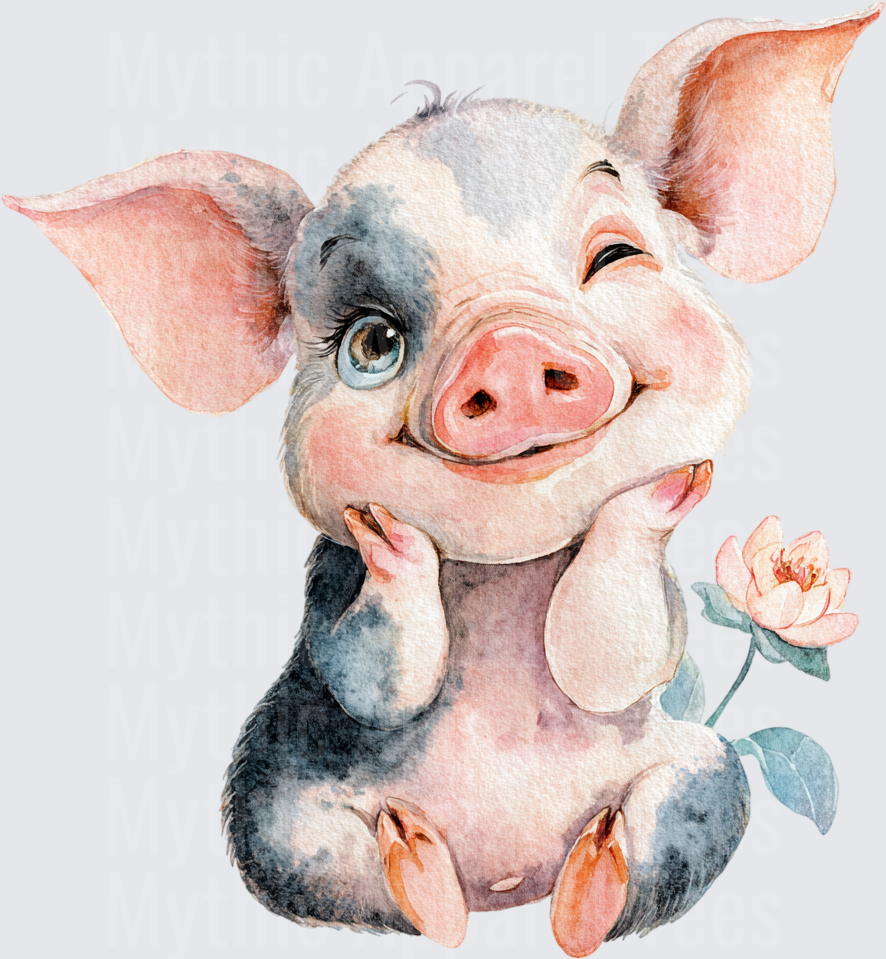 Adorable Watercolor Baby Pig Holding Lotus Flower with Blue Eyes and Rosy Cheeks