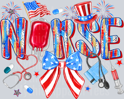 Nurse Bow Red White and Blue Patriotic DTF 4th of July Transfers