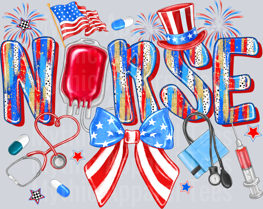 Nurse Bow Red White and Blue Patriotic DTF 4th of July Transfers