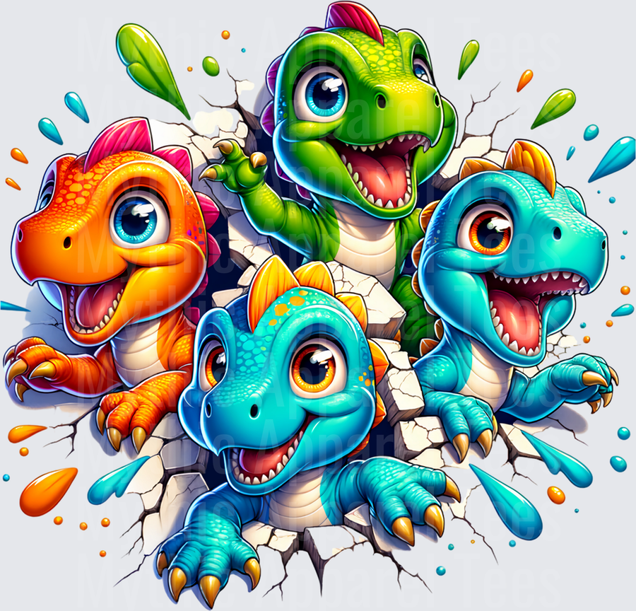Four Cute Baby Dinosaurs Bursting Through Cracked Wall with Colorful Splashes