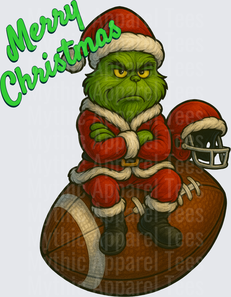 Grinch Football Merry Christmas Grinch in Santa Suit Sitting on Football Holding Helmet Arms Crossed