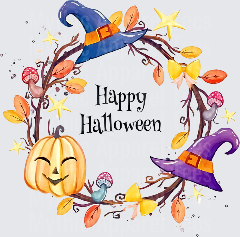Happy Halloween Watercolor Wreath with Jack-O-Lantern Witch Hats Autumn Leaves and Mushrooms