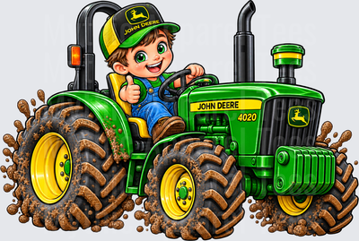 Tractor Cute Little Boy Riding John Deere 4020 Through Mud Thumbs Up Cartoon Farm Kid