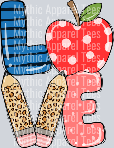 LOVE apple teacher pencil and apple DTF Teacher Transfers