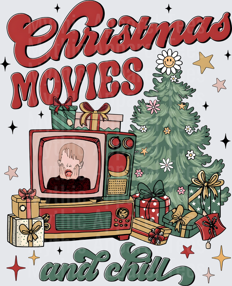 Christmas Movies and Chill Retro TV Kevin McCallister Home Alone Scream Face Christmas Tree and Gifts Design
