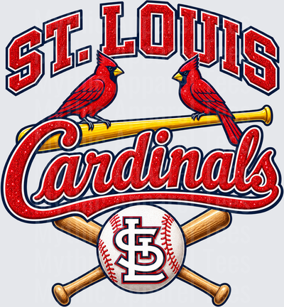 St. Louis Cardinals Glitter Two Cardinals on Gold Bat with Crossed Bats and STL Baseball Logo