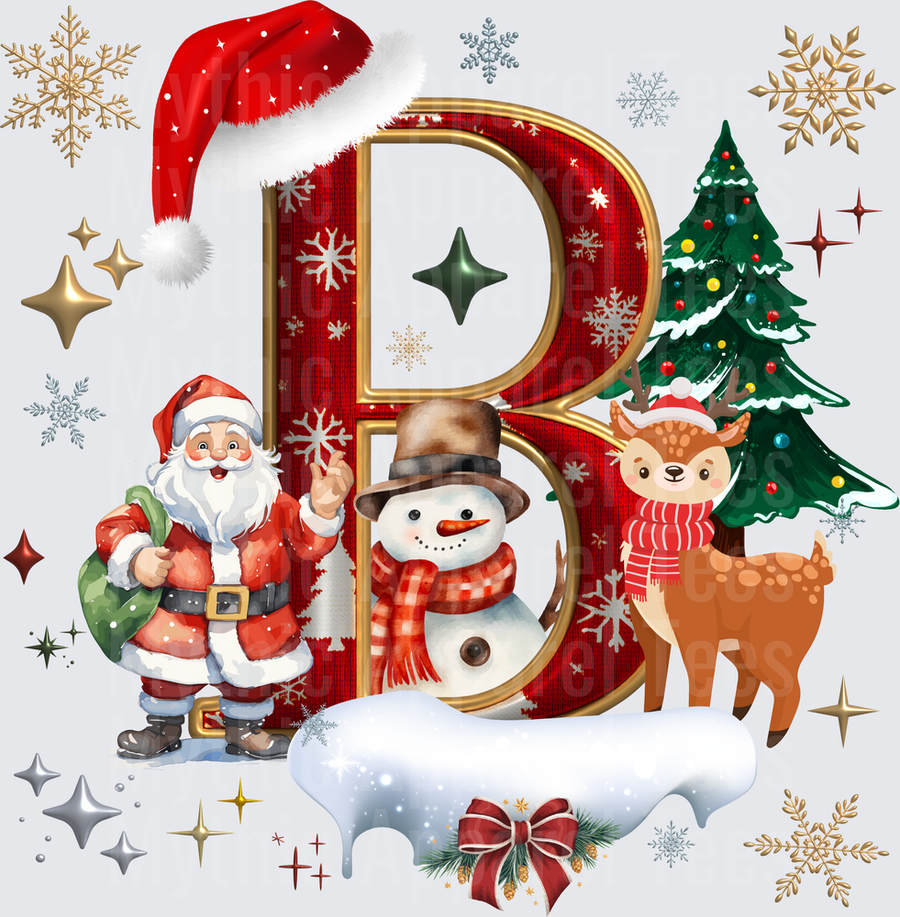 Christmas Letter B with Santa Claus Snowman Reindeer and Holiday Tree Festive Monogram with Snowflakes and Gold Stars
