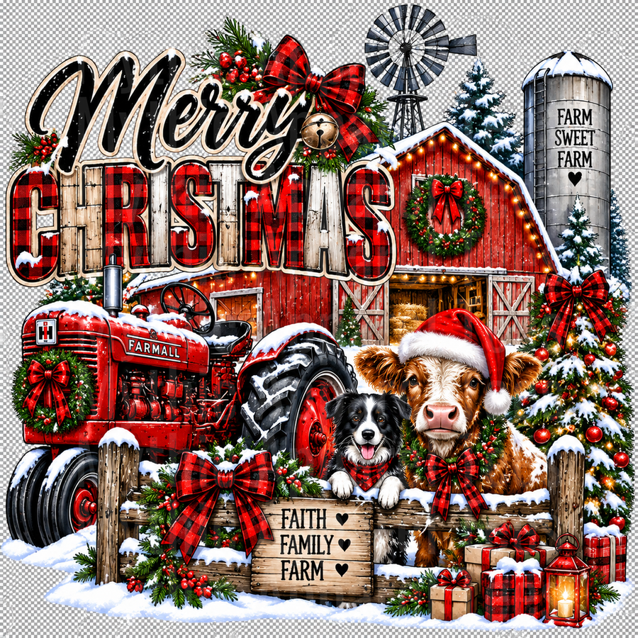 Christmas Merry Christmas Farm Sweet Farm Farmall Tractor Red Buffalo Plaid Barn Cow Santa Hat Border Collie Faith Family Farm Windmill Silo Holiday Scene