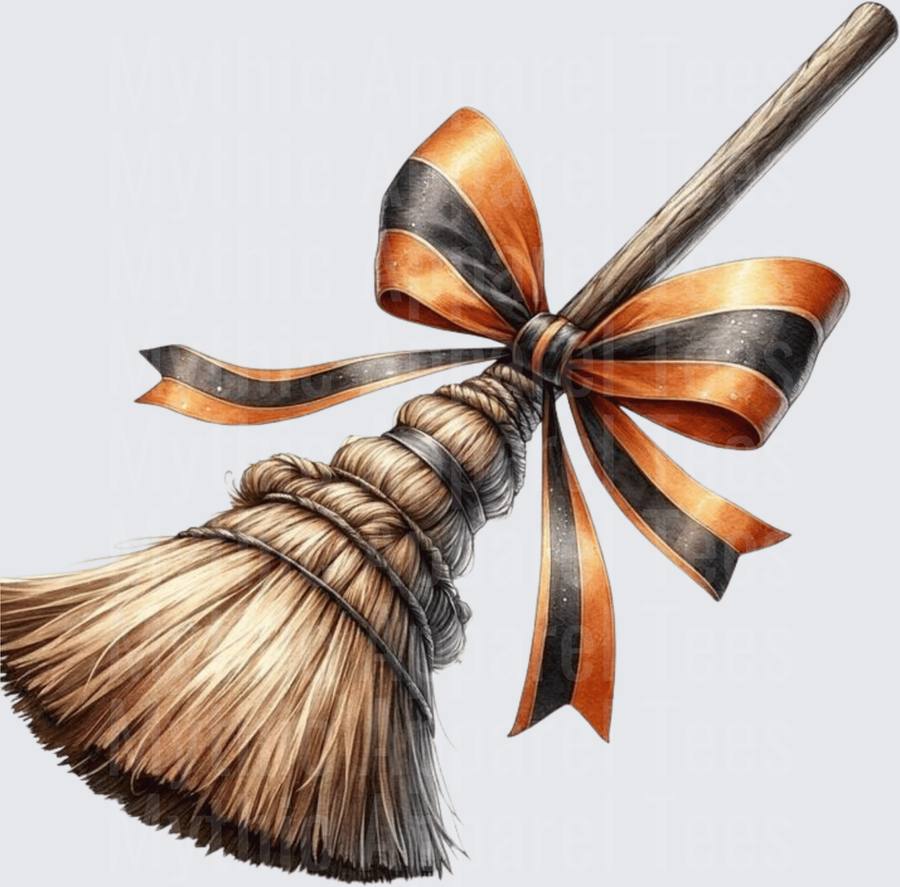 Halloween Witch Broom with Orange and Black Striped Bow Watercolor