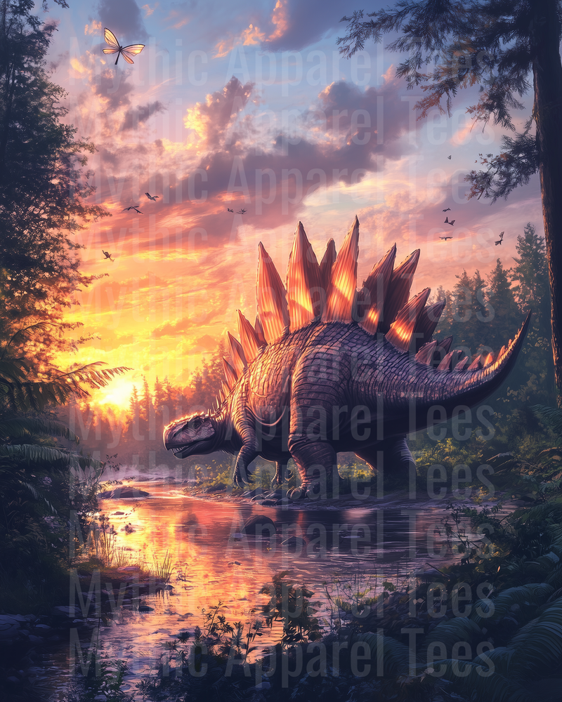 Majestic Stegosaurus at Golden Sunset Riverside Forest with Glowing Back Plates and Butterfly