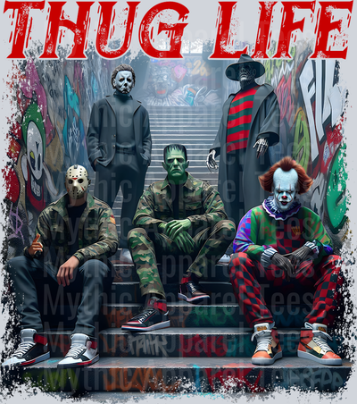 Red Blood Letters stairway THUG LIFE Freddy Krueger Jason Vorhees Michael Myers Pennywise Frankenstein Gangster Pose Horror Movie DTF Thug Life Transfers