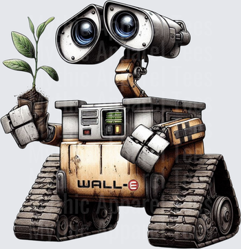 WALL-E Robot Holding Green Seedling Plant Detailed Illustration