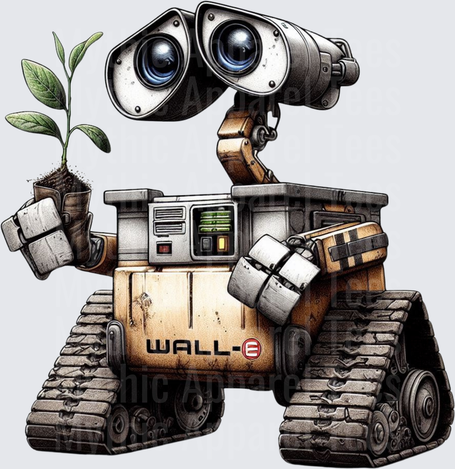 WALL-E Robot Holding Green Seedling Plant Detailed Illustration