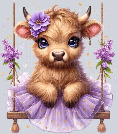 Cute Highland Cow Baby Purple swing with flowers and in hair DTF Precious Highland Cow Transfers