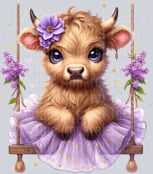 Cute Highland Cow Baby Purple swing with flowers and in hair DTF Precious Highland Cow Transfers