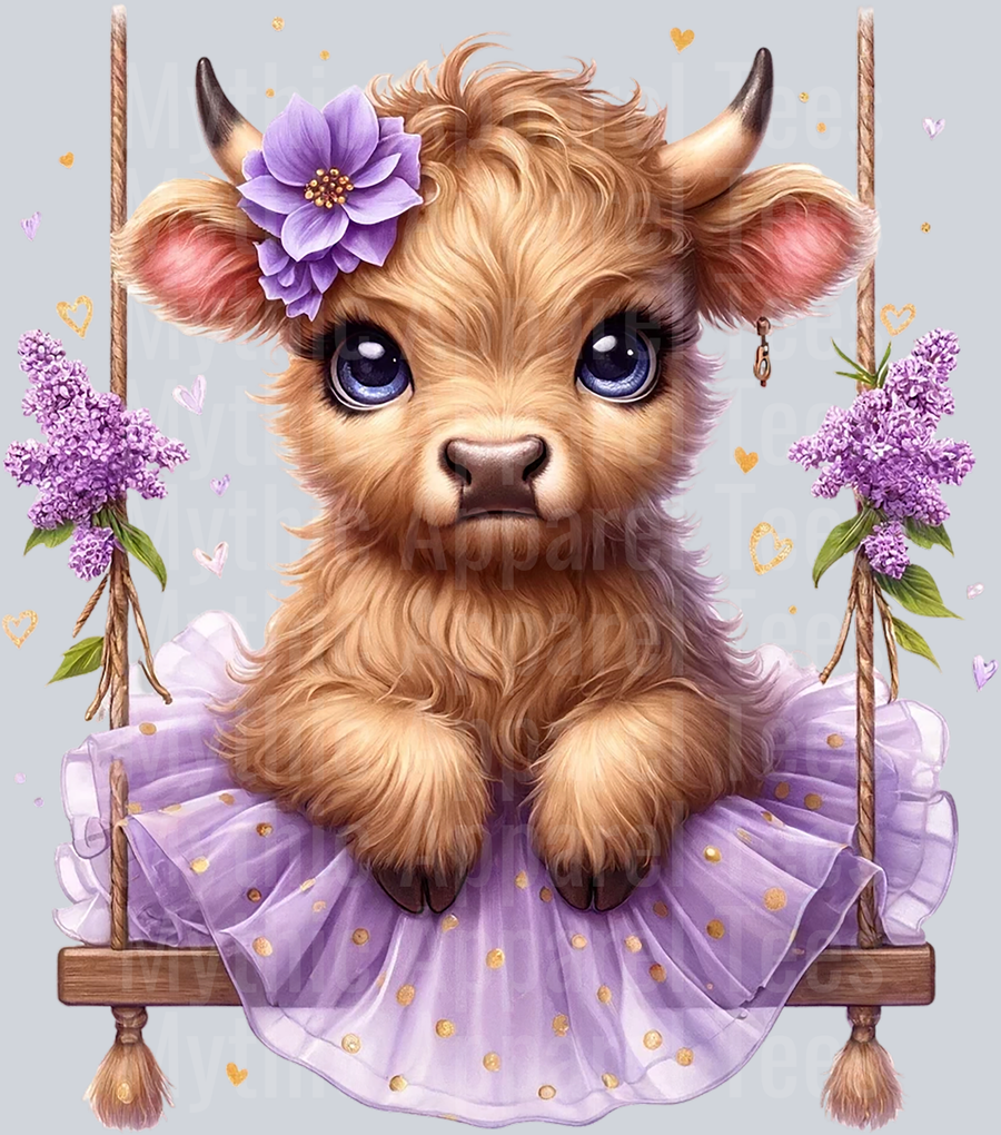 Cute Highland Cow Baby Purple swing with flowers and in hair DTF Precious Highland Cow Transfers