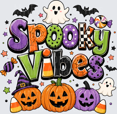 Spooky Vibes Halloween Colorful Typography with Jack-O-Lanterns Ghosts Bats and Candy Corn