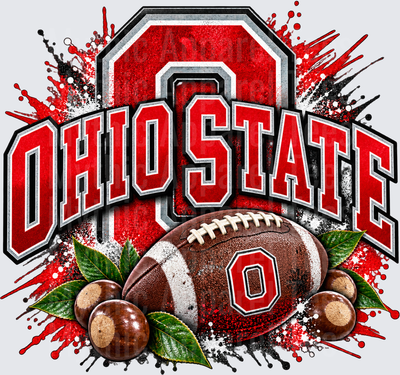 Ohio State Buckeyes Block O Football with Buckeye Nuts and Leaves Red Black Paint Splatter Grunge Design
