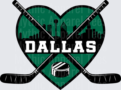 NHL Teams Dallas Stars Hockey Heart Skyline Crossed Sticks Puck