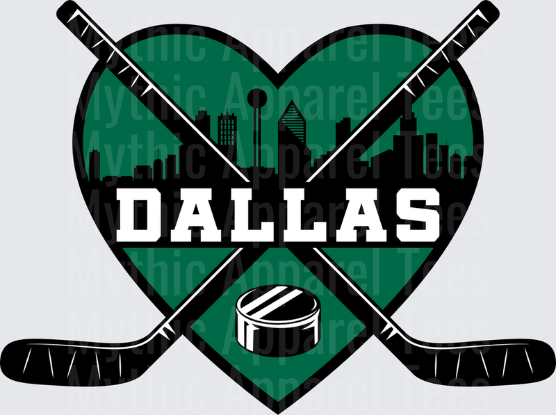 NHL Teams Dallas Stars Hockey Heart Skyline Crossed Sticks Puck
