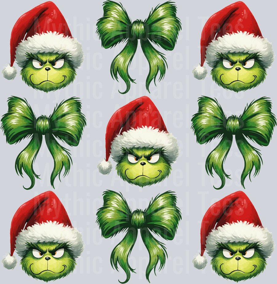 Grinch bow with grinch in santa hat pattern DTF Christmas Highland Cows Transfers