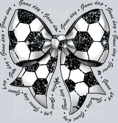 Soccer Ball bow with gameday words around it in black DTF Soccer Transfers