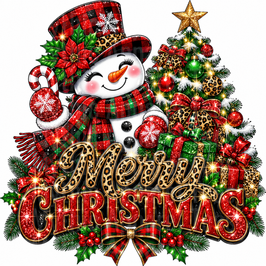 Christmas Glam Snowman with Buffalo Plaid Top Hat Leopard Print Merry Christmas Tree and Gifts Holiday Design