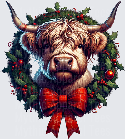Highland Christmas Cow in Holly Wreath with Plaid Bow