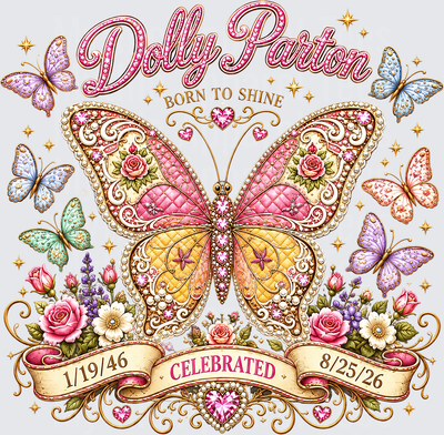 Dolly Parton Born To Shine Jeweled Butterfly Floral Celebration 1/19/46 to 8/25/26 Banner with Pearls Gems and Colorful Butterflies