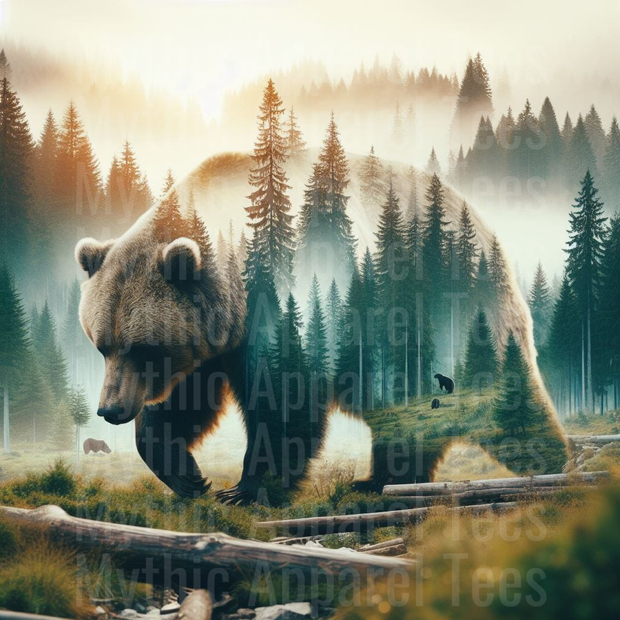 Grizzly Bear Double Exposure Misty Pine Forest Wilderness Nature Scene