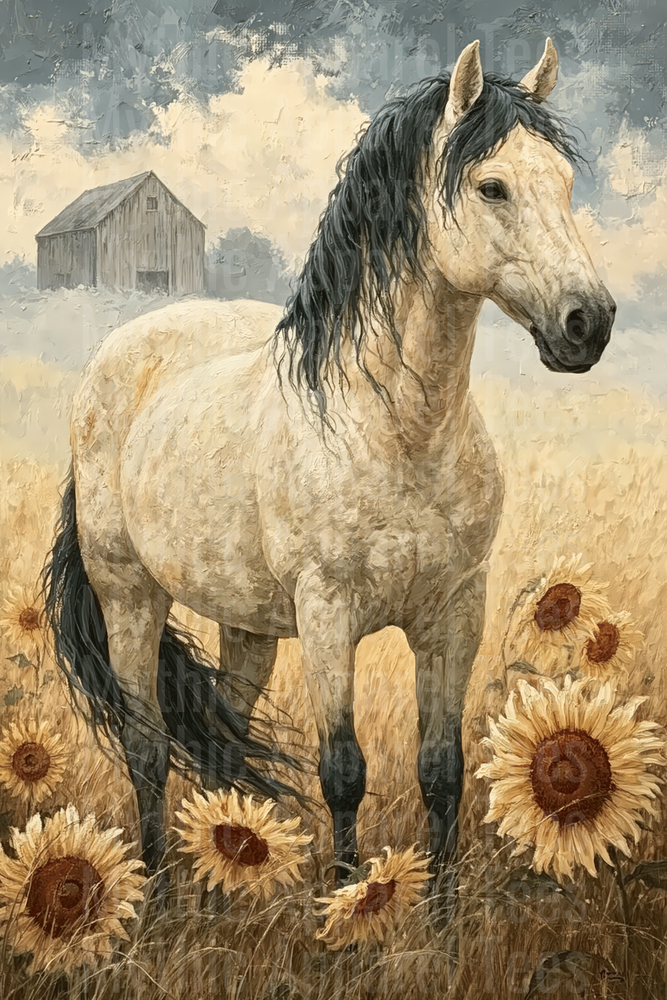 White Horse with Dark Mane Standing in Sunflower Field with Rustic Barn Oil Painting Style