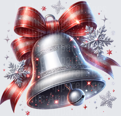 Silver Glitter Christmas Bell with Red Ribbon Bow Snowflakes and Stars Holiday Design