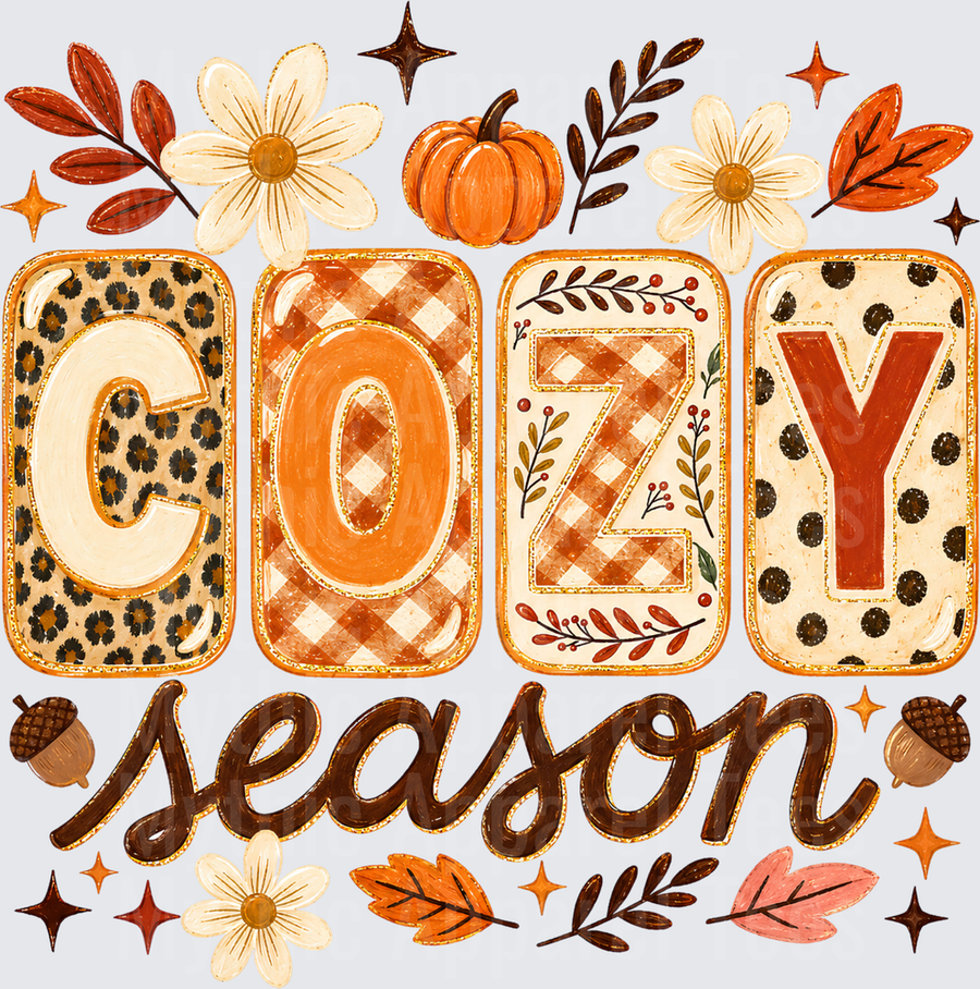 Fall Designs Cozy Season Patchwork Letters with Leopard Print Plaid and Polka Dot Blocks Pumpkin Daisy Acorn and Autumn Leaves