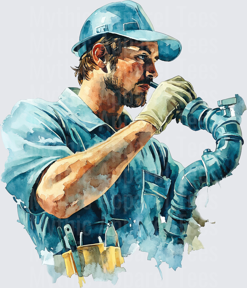 Watercolor Bearded Plumber in Hard Hat Inspecting Pipe Fitting with Tool Belt
