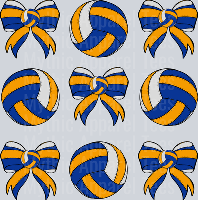 Volleyball and bow repeating pattern yellow blue white cute DTF Sports Transfers