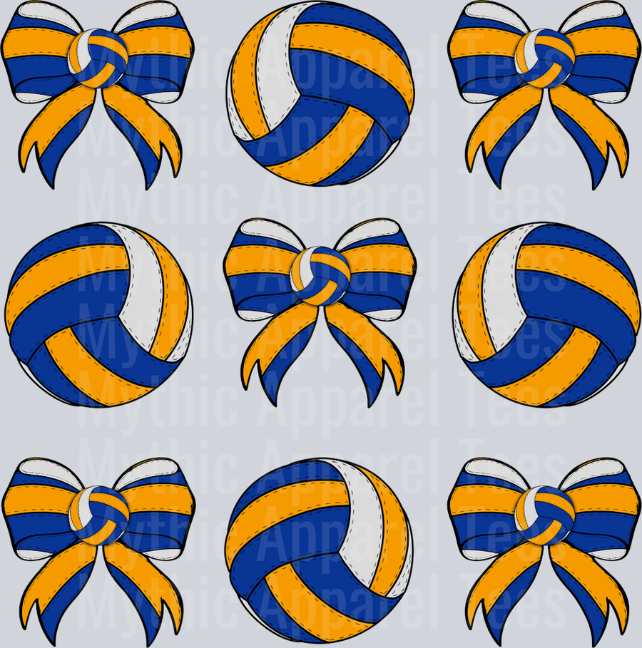 Volleyball and bow repeating pattern yellow blue white cute DTF Sports Transfers