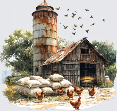 Farm Life and Farm Animals Rustic Barn Silo Chickens Birds Watercolor
