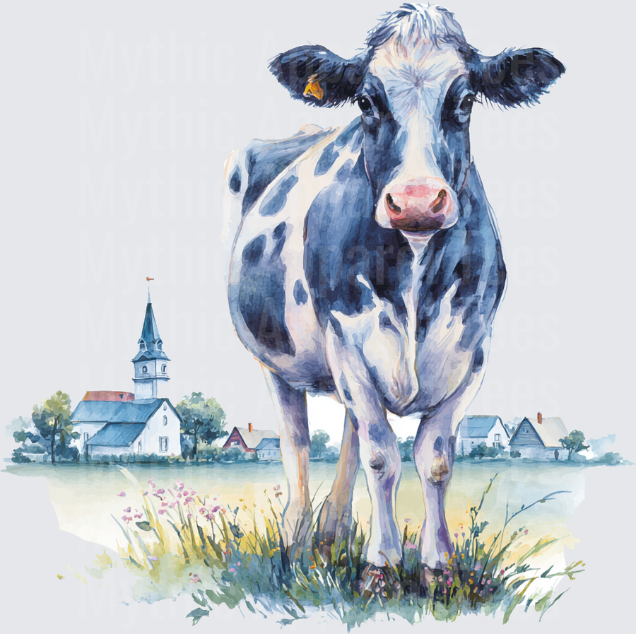 Watercolor Holstein Dairy Cow Standing in Wildflower Meadow with Charming Village Church Background