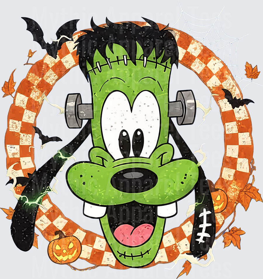 Goofy Frankenstein Monster Halloween Wreath with Bats Pumpkins and Spider Web