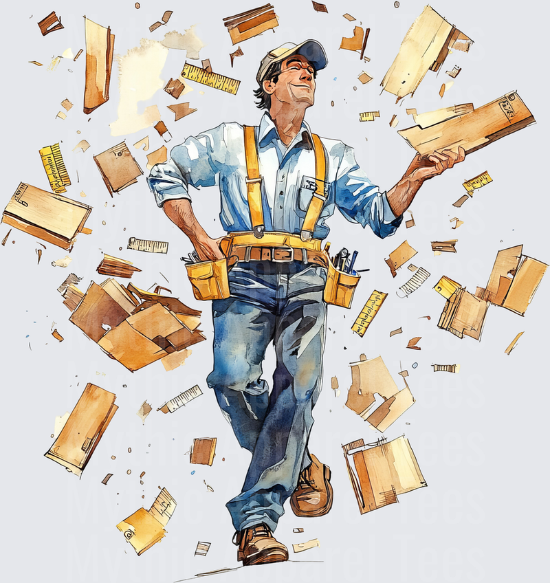 Watercolor Carpenter Surrounded by Flying Wood Planks and Rulers Wearing Tool Belt and Suspenders