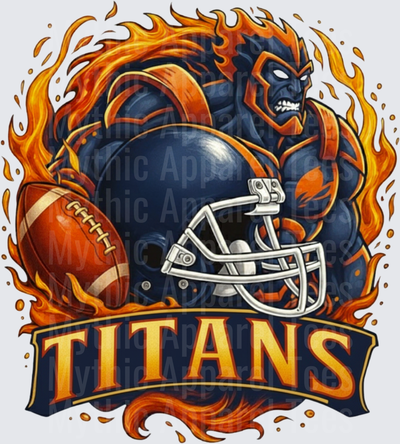 Titans Flaming Muscular Beast Mascot with Football and Navy Helmet Surrounded by Fire