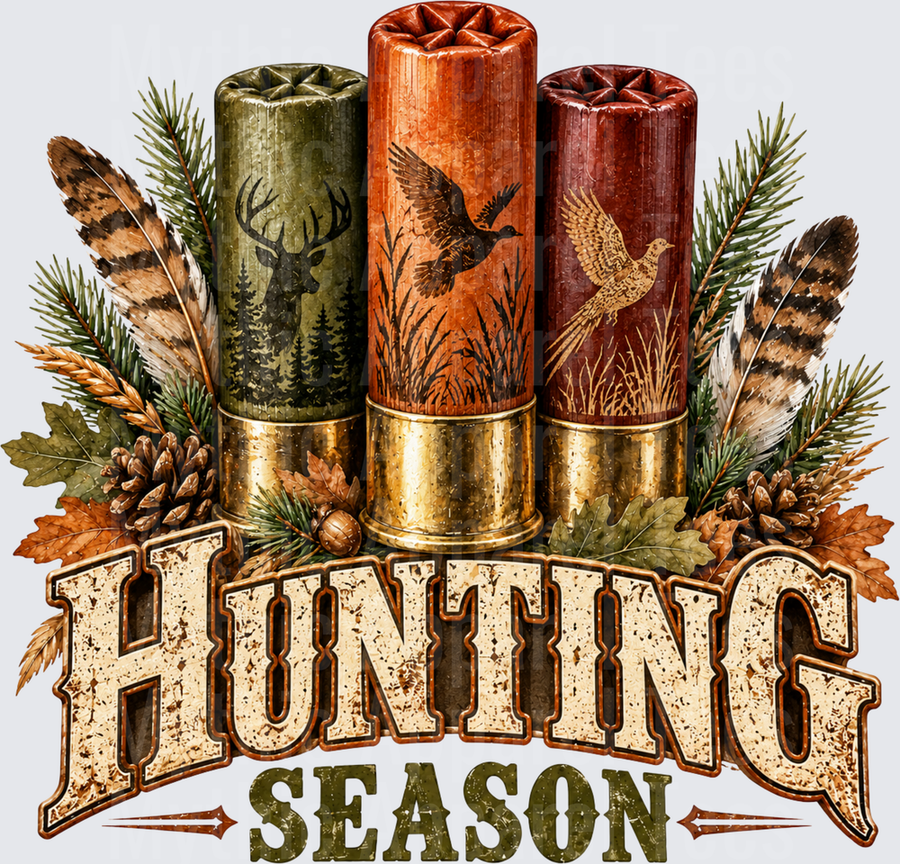 Hunting Season Triple Shotgun Shell Design with Deer Duck and Pheasant Fall Wilderness Rustic Distressed Lettering Pine Cones and Feathers