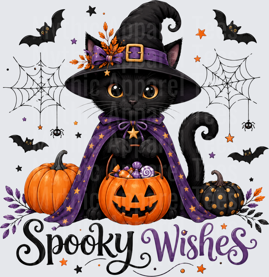 Spooky Wishes Black Cat Witch with Jack-O-Lantern Candy Bucket Pumpkins Bats and Spider Webs Halloween Design