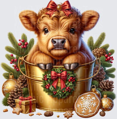 Highland Christmas Cow Baby Calf in Gold Bucket with Wreath