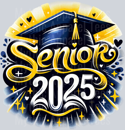 0032 Senior 2025 Airburshed Gold and Navy Blue 2 DTF 2025 Senior Graduation Transfers